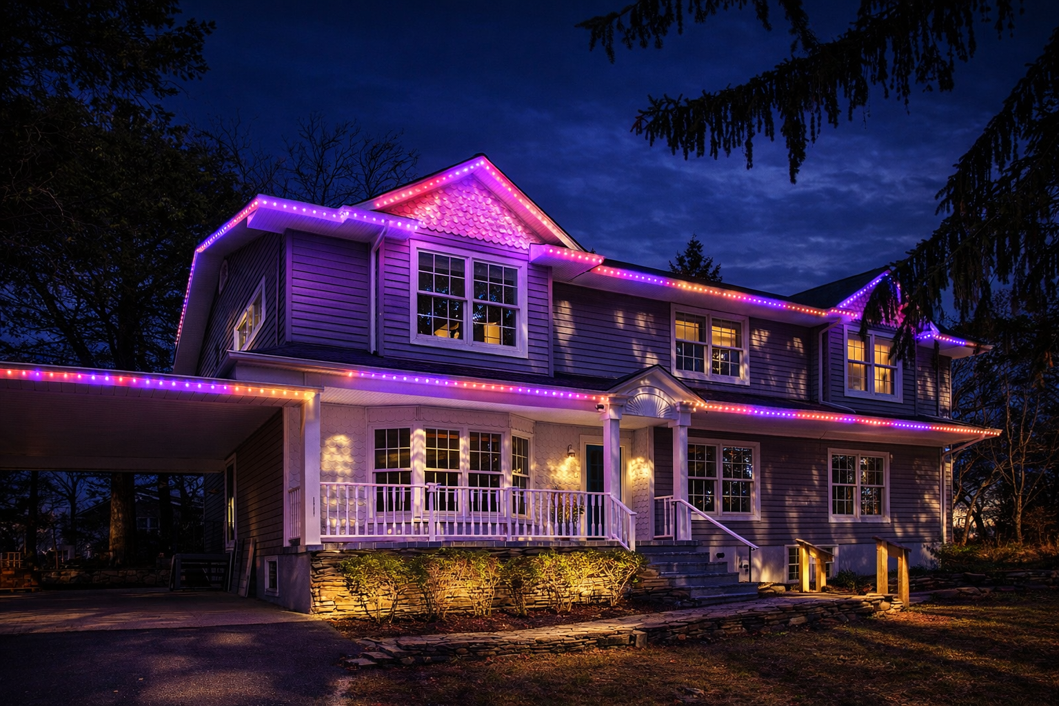 Permanent lighting illuminating home and walkway